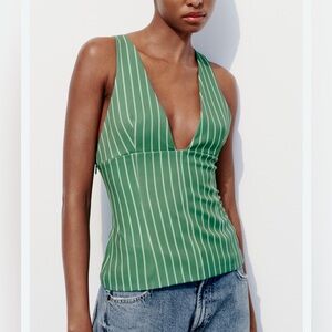 Zara Pinstripe Plunge Tank Vest Green and White Stripe Size M